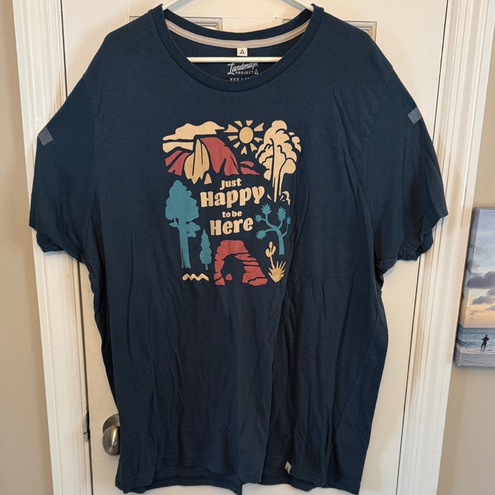 Just Happy To Be Here Navy Graphic T-Shirt with Colorful Design Landmark Project